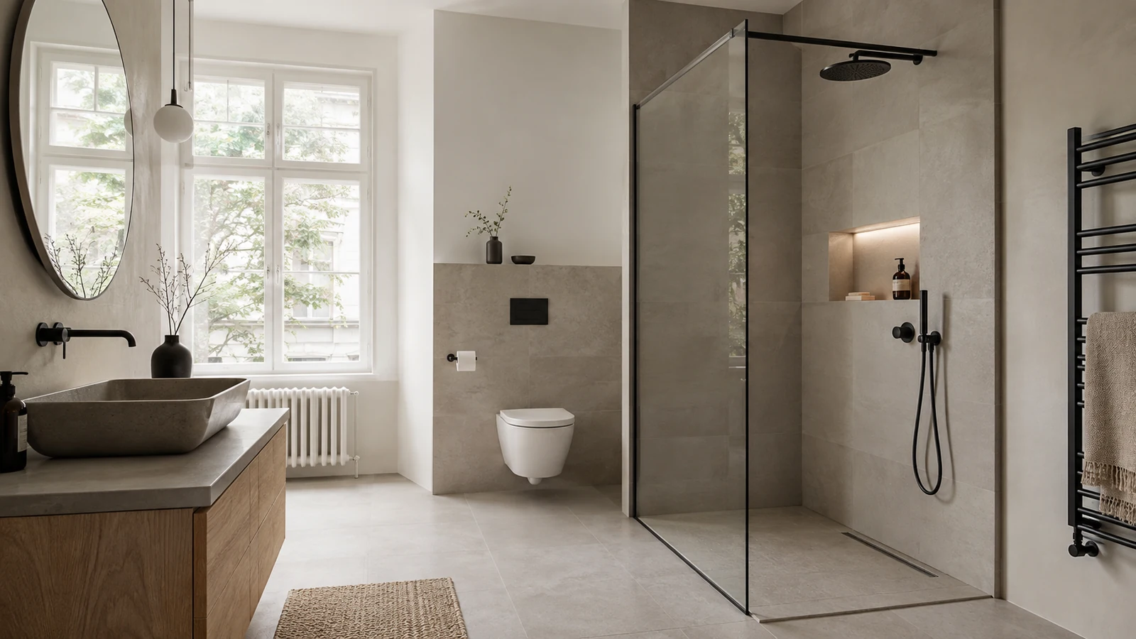 Saniertes Bad in einem Leipziger Gründerzeithaus mit bodengleicher Dusche