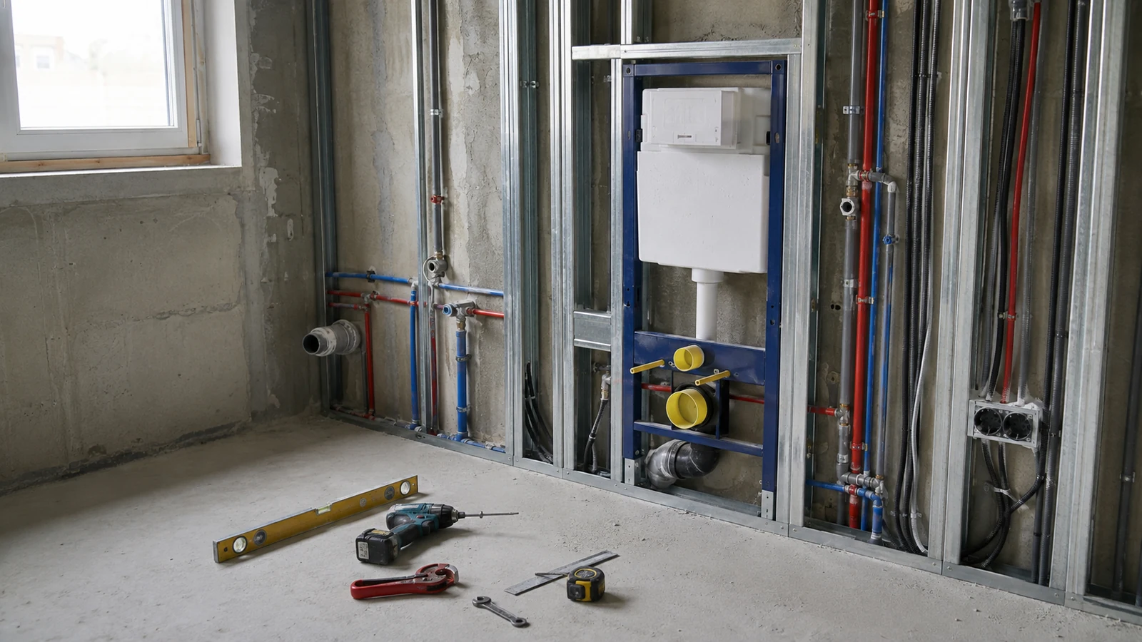 Rohbau eines Badumbaus in Leipzig: Vorwandelement und neu verlegte Wasserleitungen