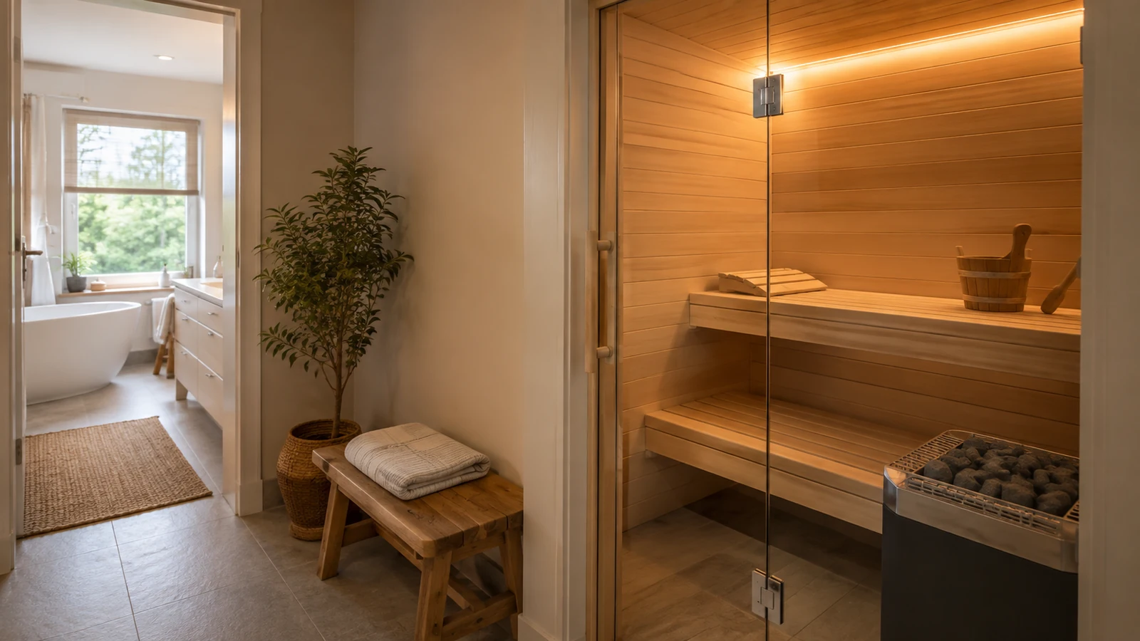 Sauna aus Holz, in ein großes Altbaubad eingebaut