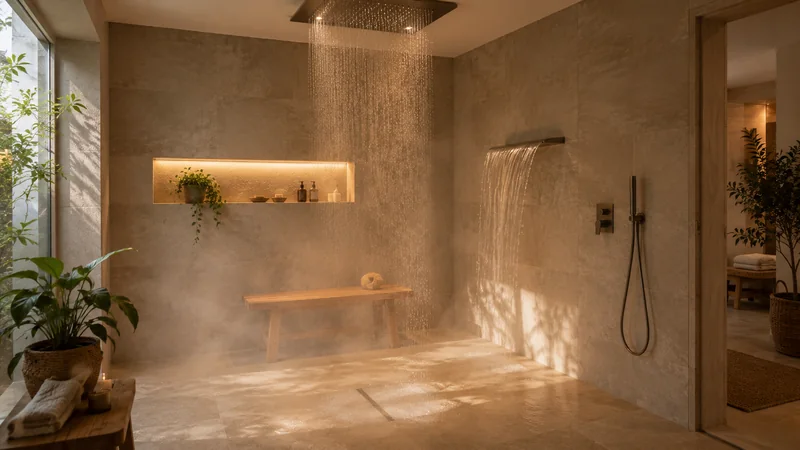 Fugenloses Bad in Leipzig: große Dusche mit Regenbrause und fugenlosen Wänden im Abendlicht