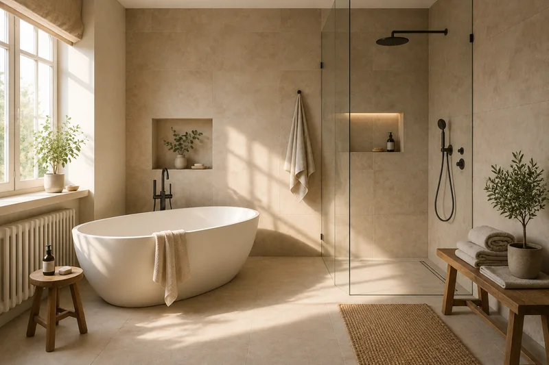 Badewanne oder Dusche: freistehende Wanne und begehbare Dusche nebeneinander