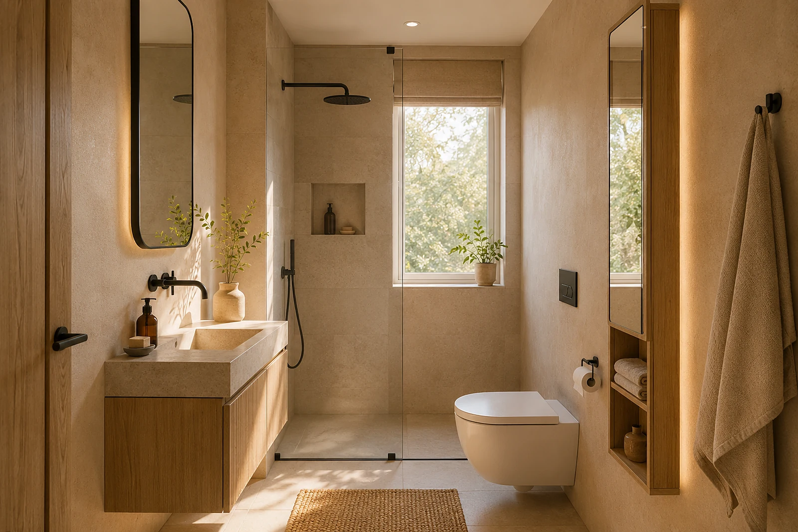 Kleines Bad auf vier Quadratmetern mit bodengleicher Dusche, Waschtisch und wandhängendem WC
