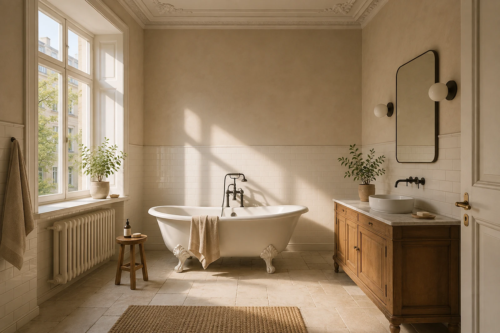 Gründerzeitbad mit hoher Stuckdecke und freistehender Wanne