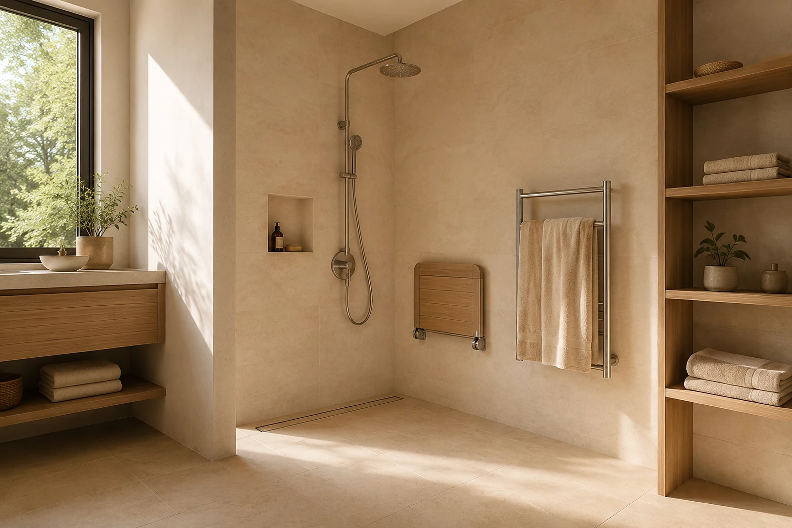 Bodengleiche Dusche nach dem Badumbau mit Klappsitz und Haltegriff an der Wand