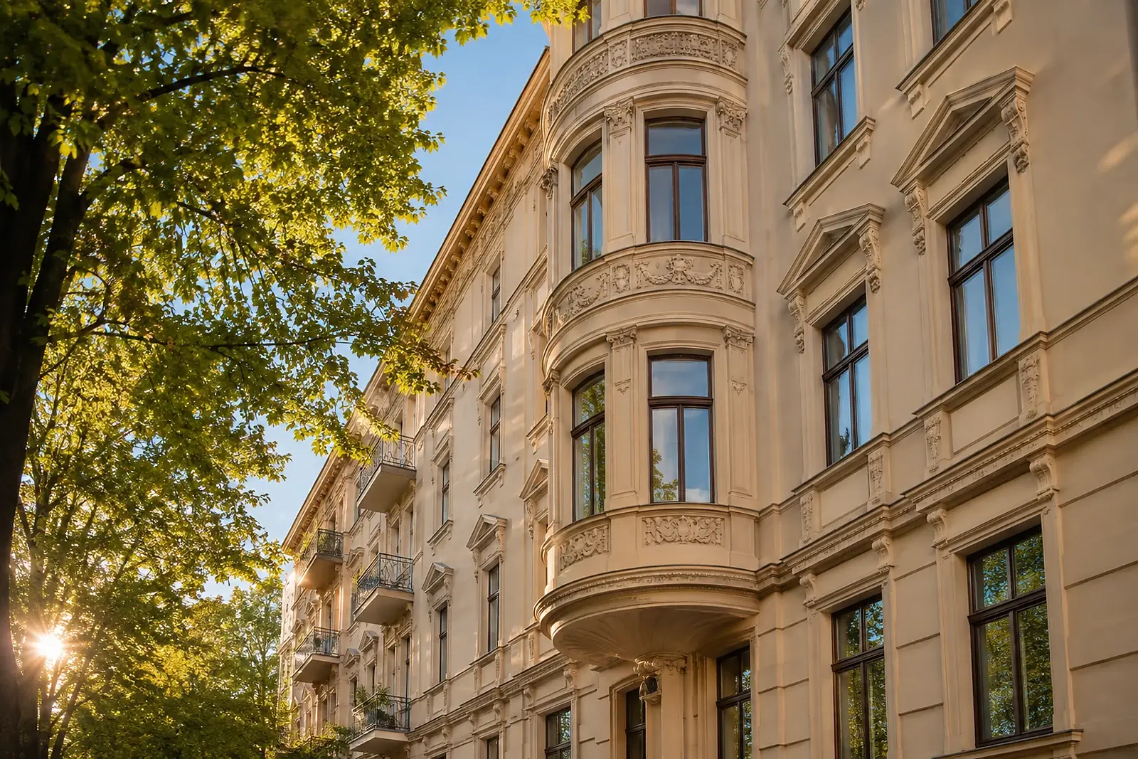 Sanierte Fassade eines Gründerzeithauses mit rundem Eckerker