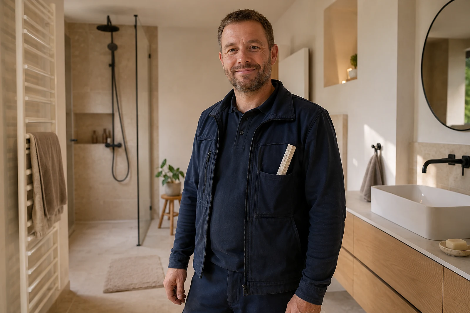 Lächelnder Monteur im fertig renovierten Bad, den Zollstock in der Hemdtasche