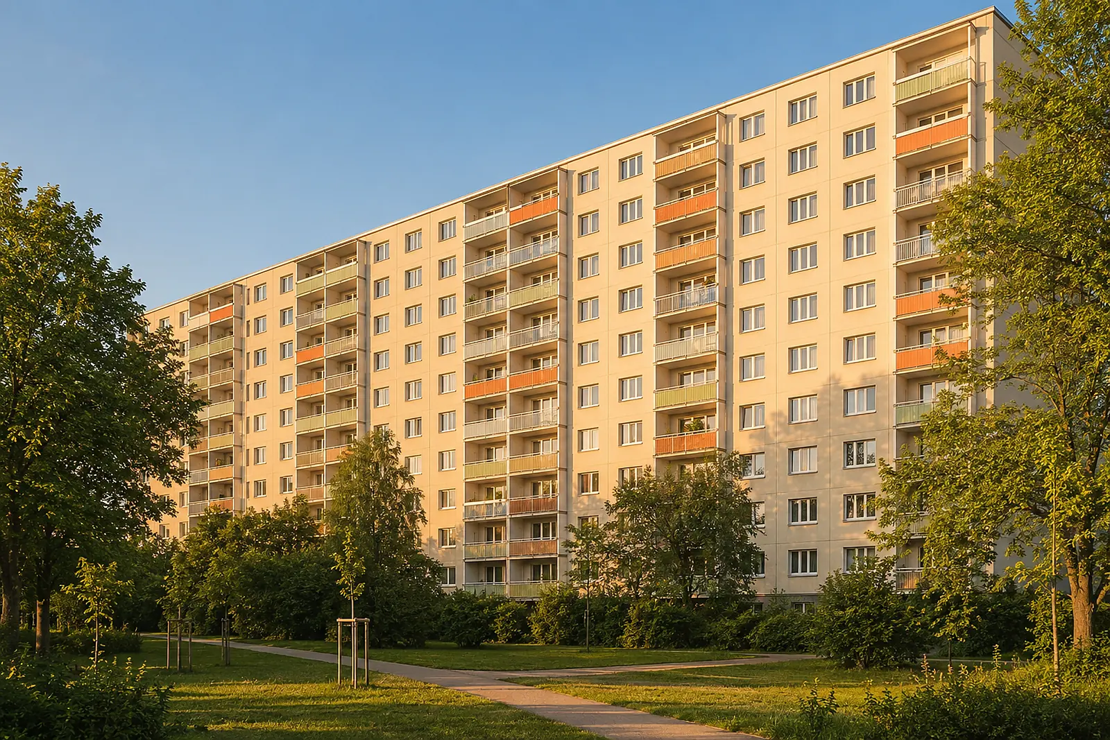 Sanierte Plattenbauzeile mit farbig gefassten Balkonen