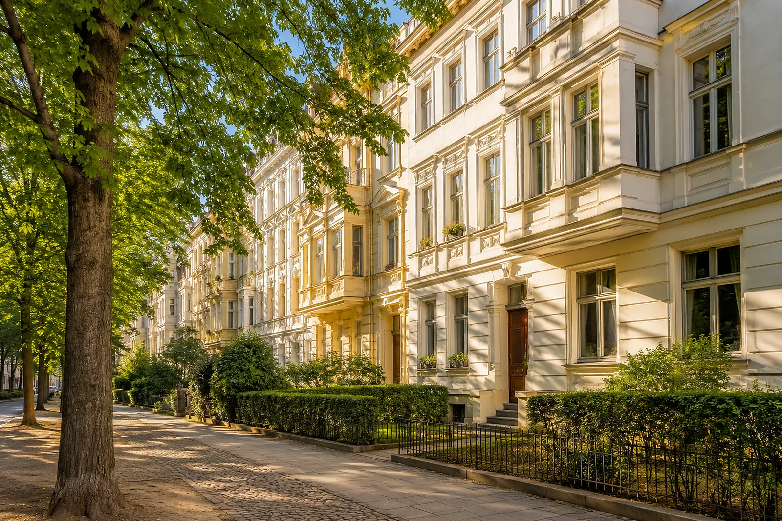 Gründerzeitstraße mit hellen Stuckfassaden und Vorgärten