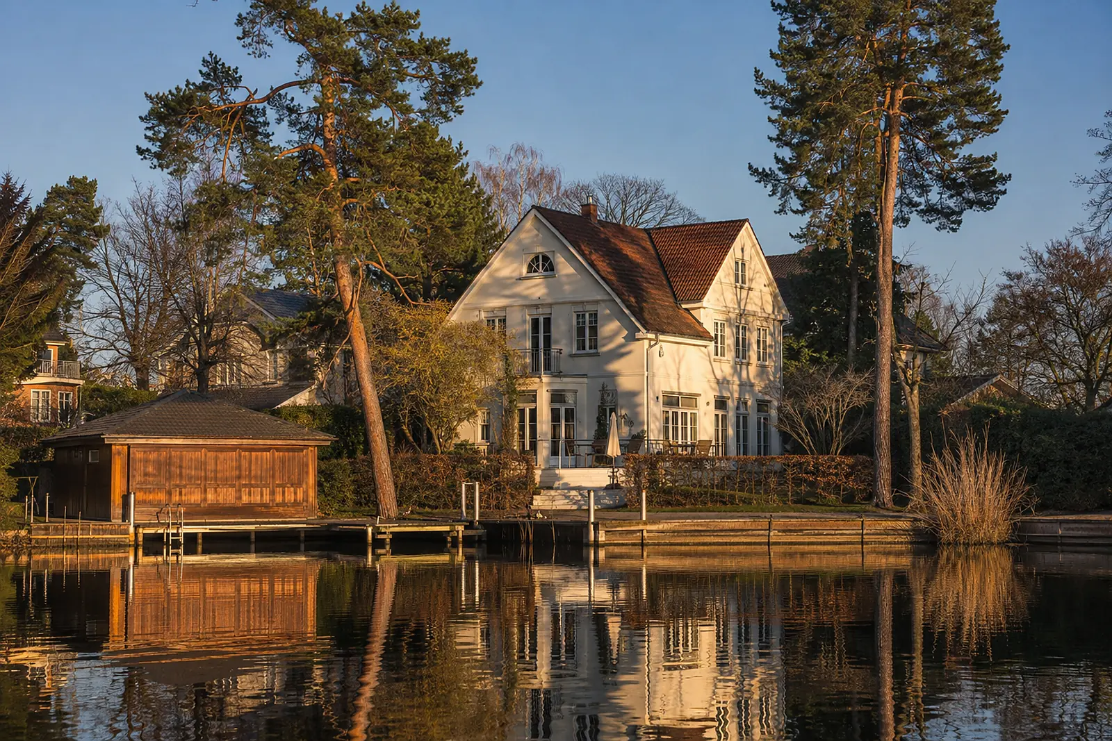 Badsanierung Taucha: Einfamilienhaus am Wasser mit Steg und Bootshaus