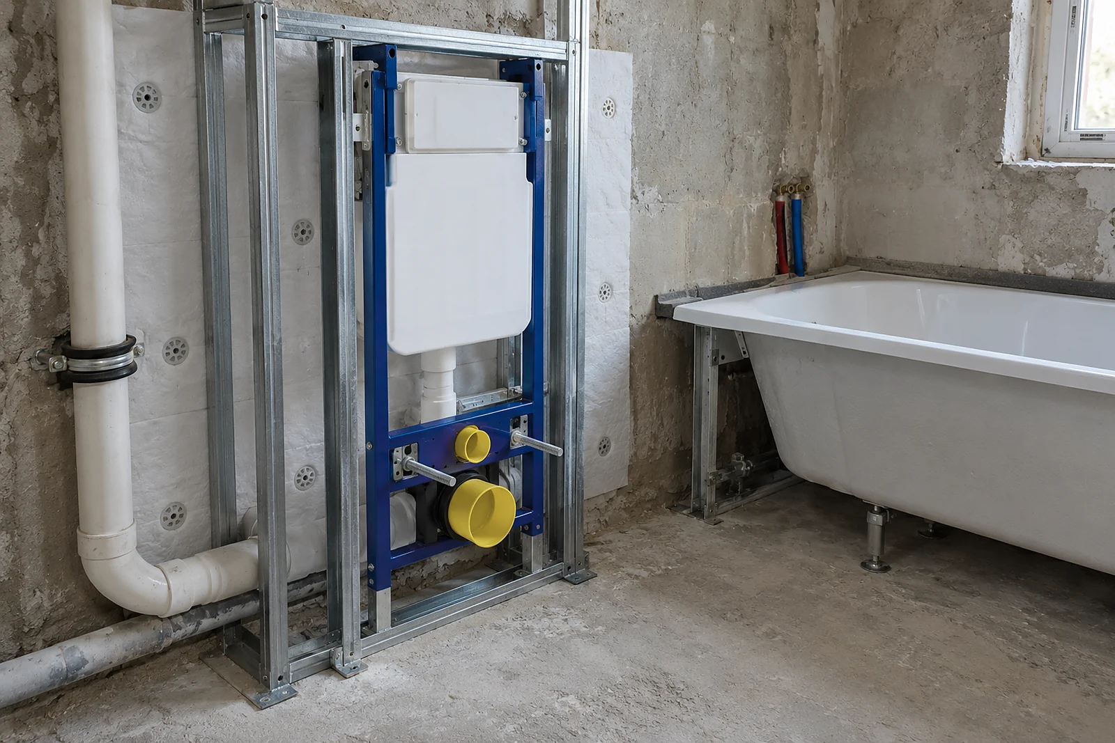 offene Vorwand mit Spülkasten und Dämmmatte, daneben entkoppelte Wanne und gedämmte Schelle am Fallrohr