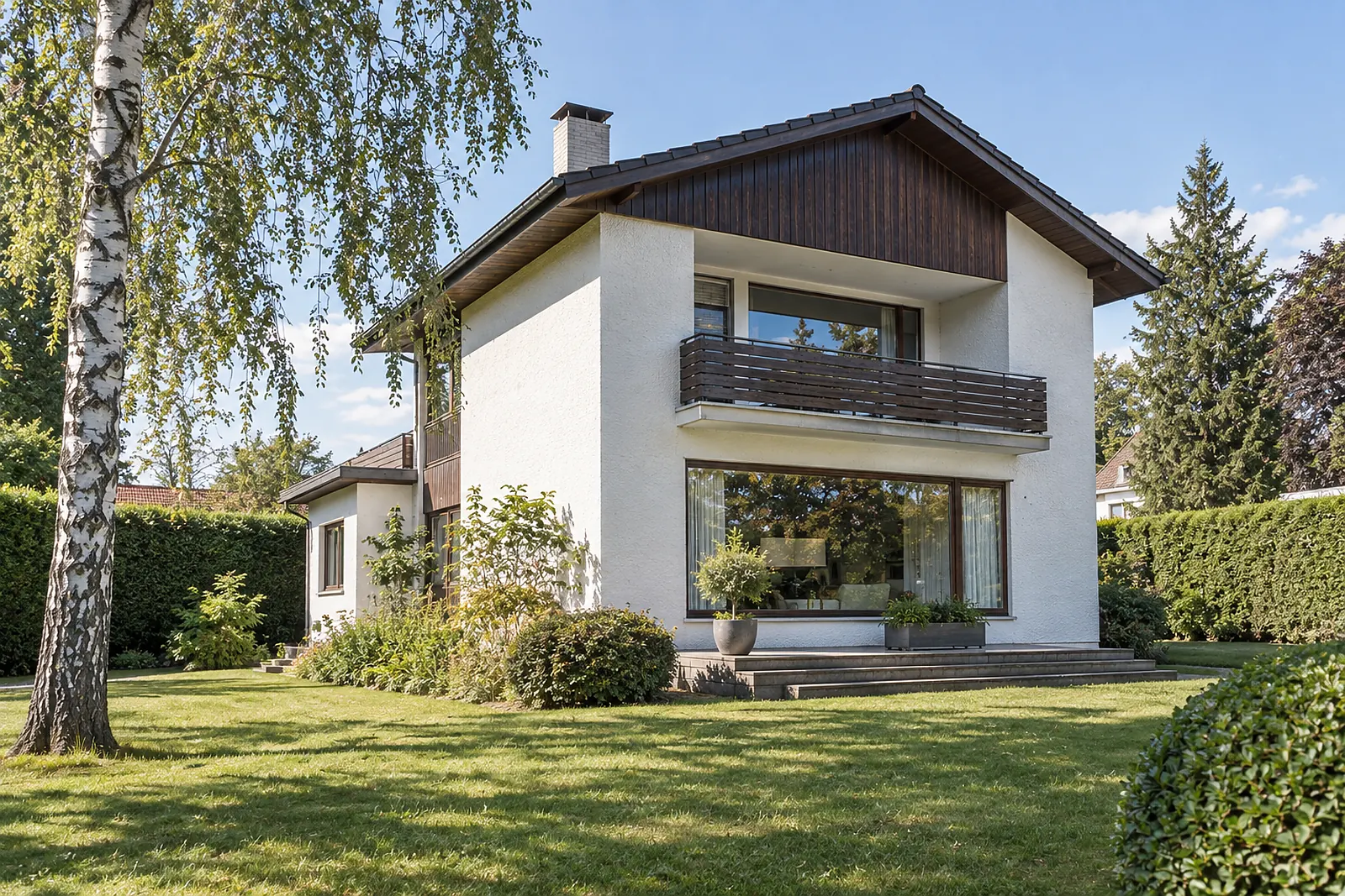 Einfamilienhaus aus den sechziger Jahren mit Holzbalkon, großer Fensterfront und Birke im Garten