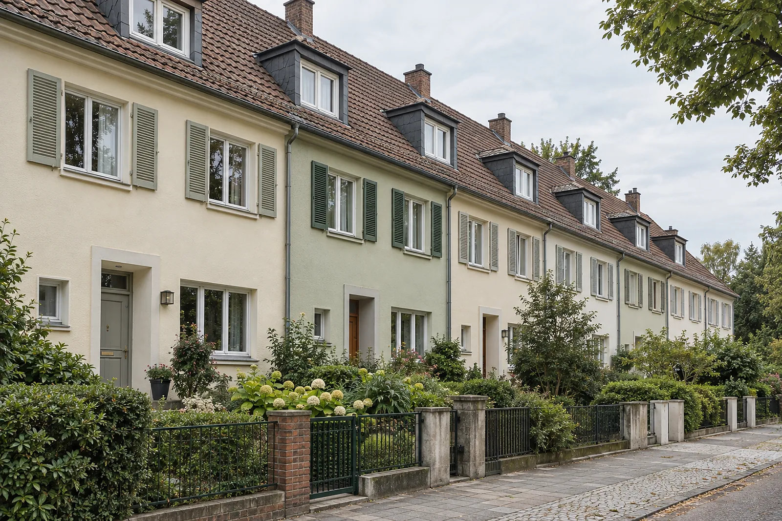Reihenhäuser einer Siedlung mit Fensterläden, Gauben und Vorgärten