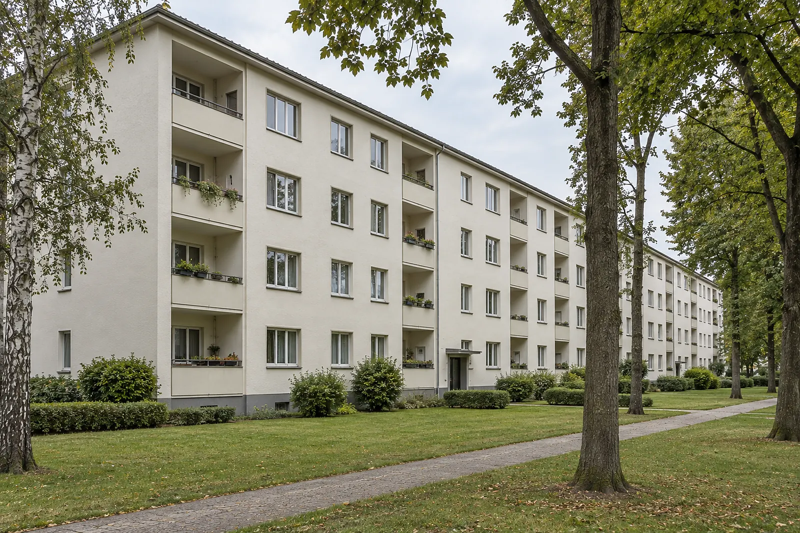 Wohnzeile der fünfziger Jahre mit Loggien und Rasen davor