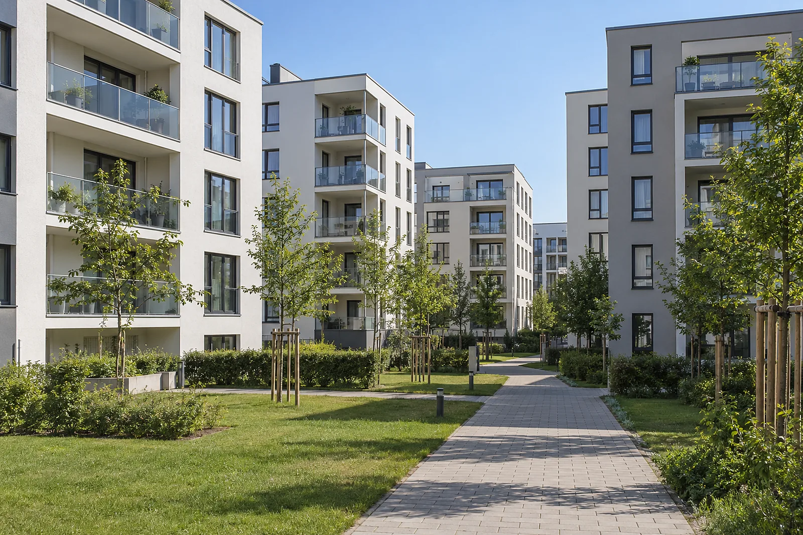 Neues Wohnquartier mit Loggien und jungen Straßenbäumen